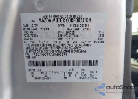2010 Mazda Tribute I Sport z USA, uszkodzony, nr VIN 4F2CY0C77AKM03879